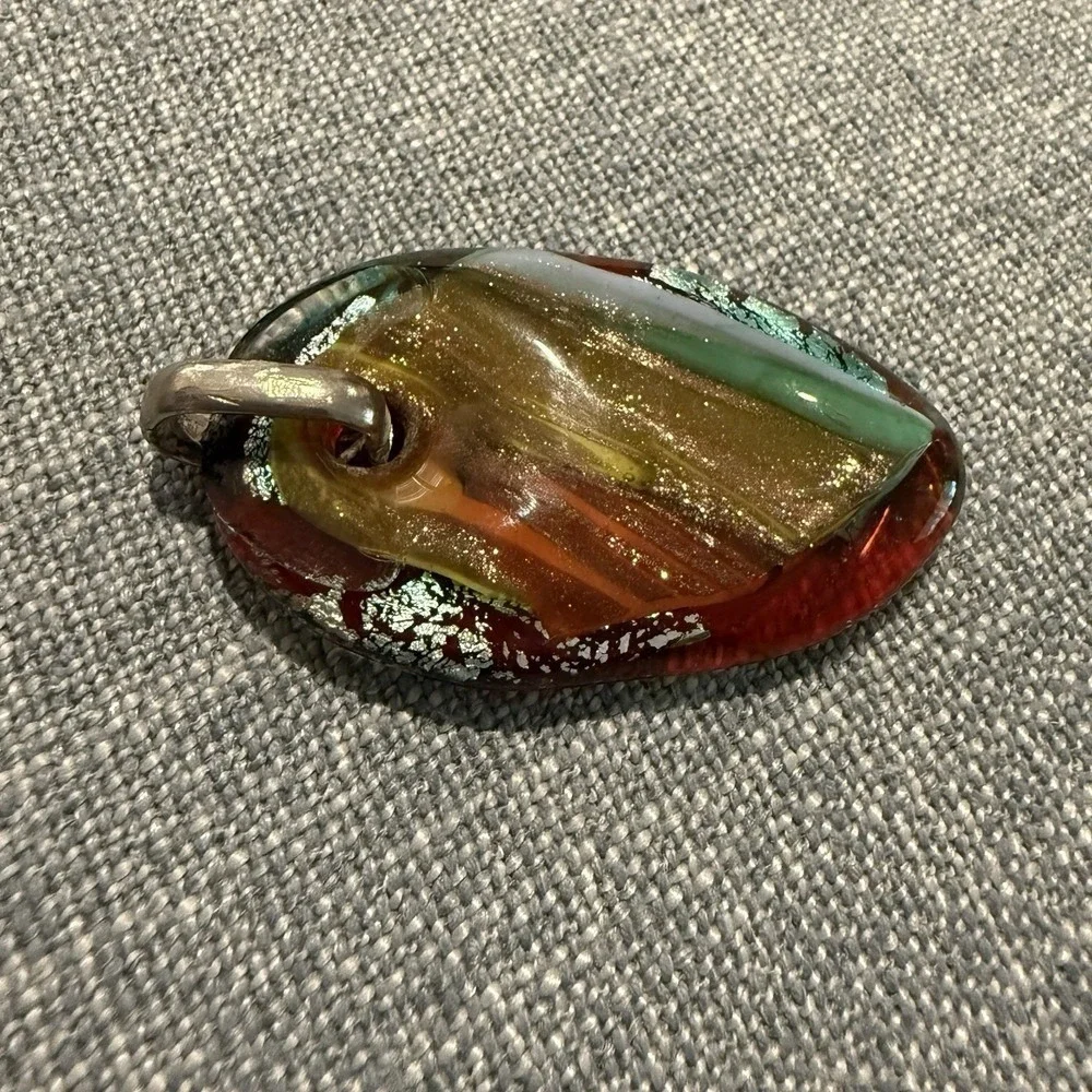 Large Handmade Dichroic Glass Pendant Browns Greens Silver On Bail‎